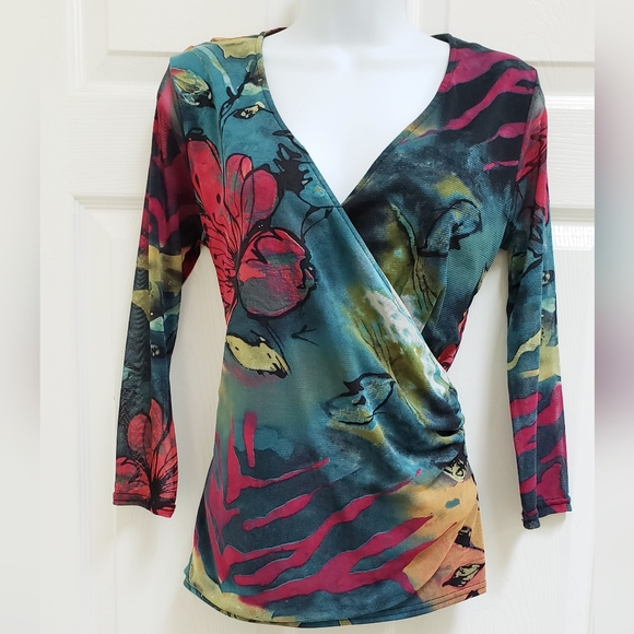 Peck & Peck Tops - Floral Watercolor Wrap Blouse